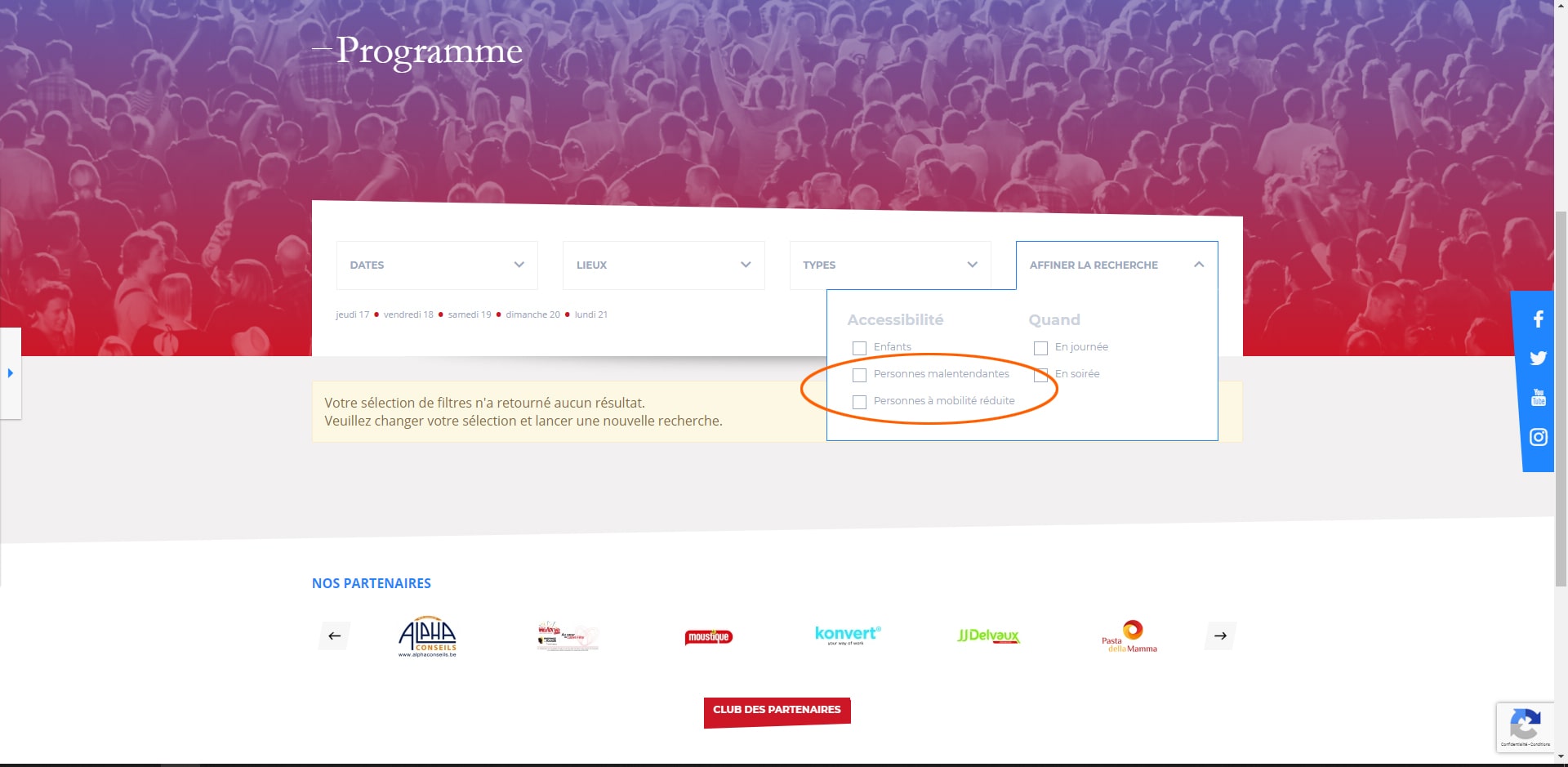 Screenshot du site des fêtes de wallonie, le filtre pour les PMR est mis en évidence