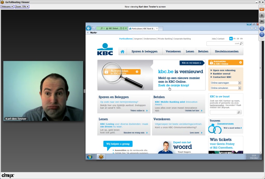 Screenshot d'une vidéo de test utilisateur du site de KBC